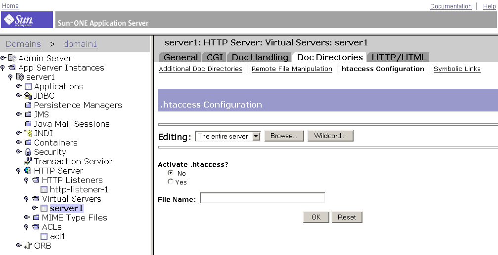 This screen capture shows the htaccess configuration settings for the virtual server instance.
