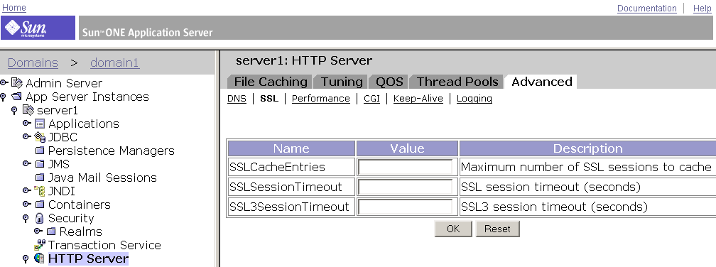 This screen capture shows the HTTP Server advanced SSL settings page. 
