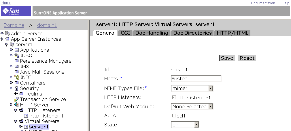 This screen capture shows the virtual server  settings tabs. 
