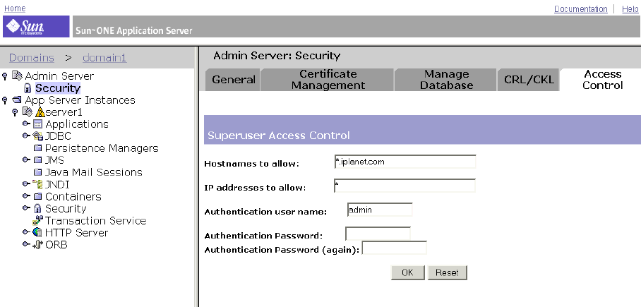 This screen capture shows the page for setting superuser access control. 
