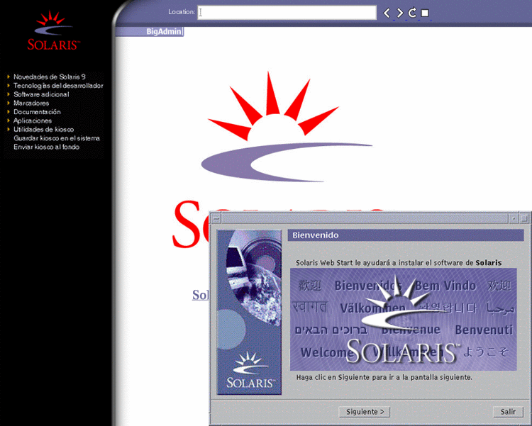 El menú del Kiosko contiene una lista de sedes web a las que se puede acceder. El cuadro de diálogo de instalación contiene los botones Siguiente y Salir.