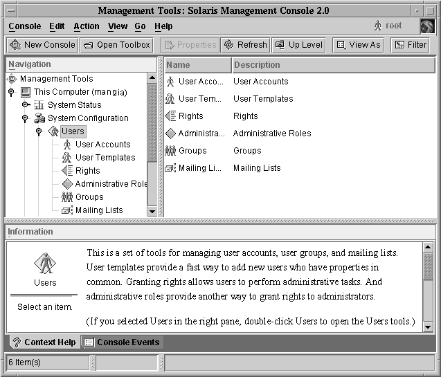 Solaris Management Console でユーザーツールアイコンが選択されています。ナビゲーション区画、表示区画、情報区画が表示されています。