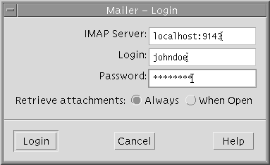 「Mailer - Login」ダイアログボックス。「IMAP Server」フィールドには、サーバー名、「:」、続けてポート番号が入力されています。