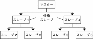 2 つの伝播スレーブを持つマスター KDC です。伝播スレーブはさらにそれぞれが持つ 2 つのスレーブに、マスター KDC データベースを伝播します。