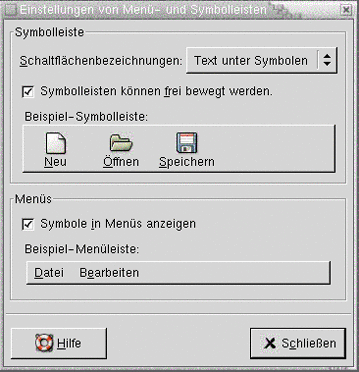 Einstellungstool "Menüs und Symbolleisten". Die Grafik ist selbsterklärend. Einstellungstool "Menüs und Symbolleisten". Die Grafik ist selbsterklärend.