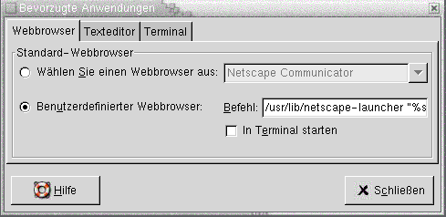 Einstellungstool "Bevorzugte Anwendungen", Registerabschnitt "Web-Browser". Die Grafik ist selbsterklärend.