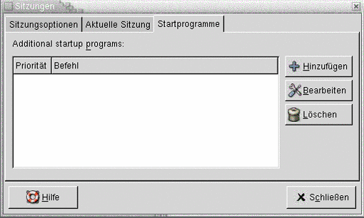 Einstellungstool "Sitzungen", Registerabschnitt "Startprogramme". Die Grafik ist selbsterklärend. Einstellungstool "Sitzungen", Registerabschnitt "Startprogramme". Die Grafik ist selbsterklärend.