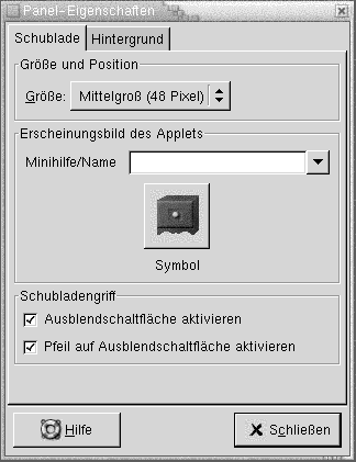 Dialogfeld "Panel-Eigenschaften" für eine Schublade. Die Grafik ist selbsterklärend.