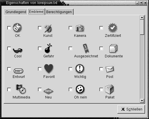 Eigenschaften-Dialogfeld, Registerabschnitt Embleme. Enthält verschiedene Kontrollkästchen für Embleme.