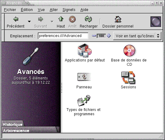 Préférences du bureau Avancés dans une fenêtre Nautilus. Le volet d'affichage contient les icônes bases de données CD, Types de fichier et programmes, Tableau de bord, Applications préférées, Sessions.