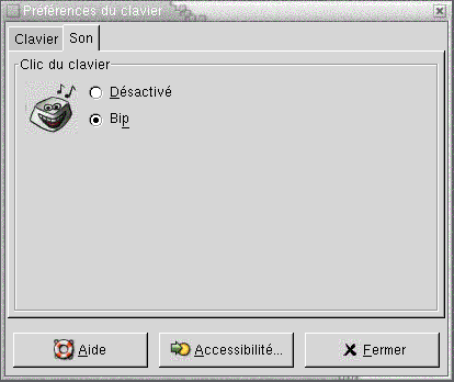 Outil de préférence Clavier, onglet Son. Le contexte décrit le graphique.