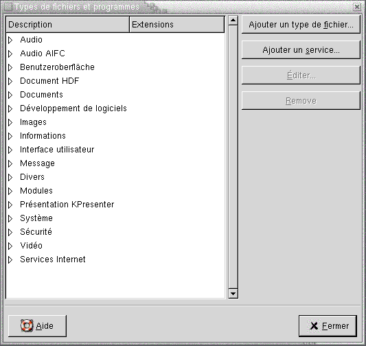 Outil de préférence Types de fichiers et Programmes. Le contexte décrit le graphique.