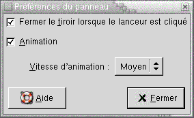 Outil de préférence Tableau de bord. Contient : Cases à cocher Fermer le tiroir lorsque le lanceur est cliqué et Animation, ainsi qu'une zone de liste déroulante Vitesse d'animation.