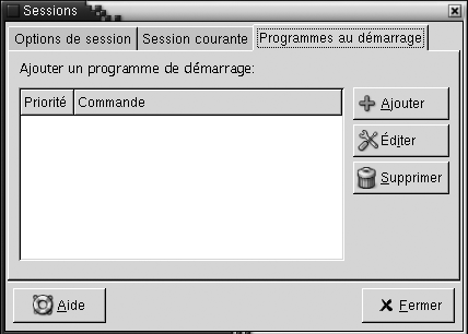 Outil de préférence Sessions, onglet Programmes au démarrage. Le contexte décrit le graphique.