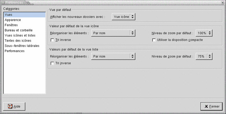 Boîte de dialogue Préférences, onglet Vues. Le contexte décrit le graphique.