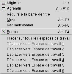 Menu Fenêtre. Éléments de menu : Réduire, Agrandir, Réduire à la barre de titre, Déplacer, Redimensionner, Fermer, Placer sur tous les espaces de travail, Déplacer vers workspace_name.