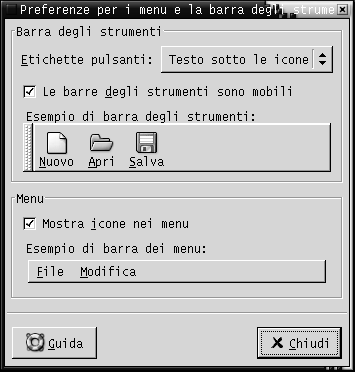 Finestra di preferenze per i menu e le barre degli strumenti. Il contesto descrive l'immagine.