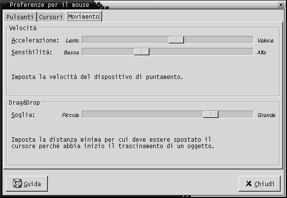 Scheda Movimento della finestra di preferenze per il mouse. Contiene i controlli a scorrimento Accelerazione, Sensibilit&amp;amp;agrave;, Soglia.