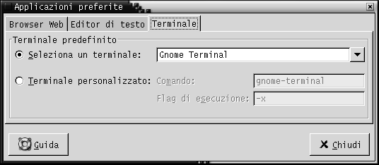 Scheda Terminale della finestra di preferenze per le applicazioni preferite. Il contesto descrive l'immagine.