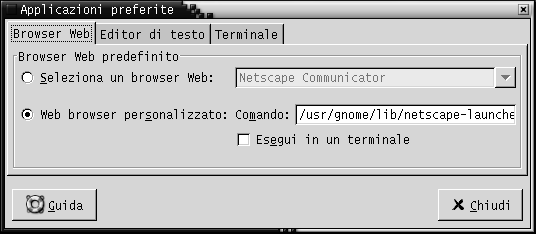 Scheda Browser Web della finestra di preferenze per le applicazioni preferite. Il contesto descrive l'immagine.