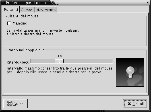 Scheda Pulsanti della finestra di preferenze per il mouse. Contiene la casella di controllo Mancino e il cursore Ritardo.