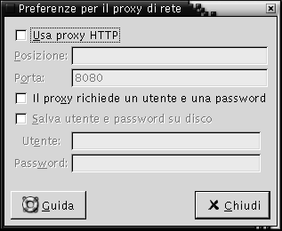Finestra di preferenze per il proxy di rete. Il contesto descrive l'immagine.