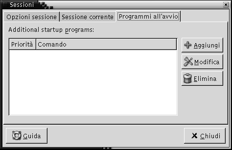 Scheda "Programmi all'avvio" della finestra di preferenze per la sessione. Il contesto descrive l'immagine.