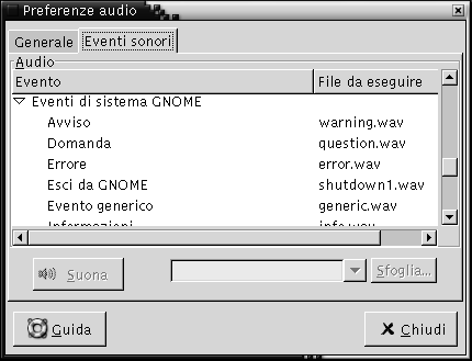 Scheda Eventi sonori della finestra Preferenze audio. Il contesto descrive l'immagine.