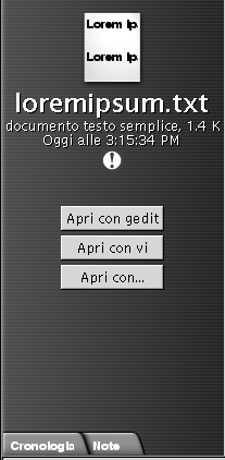 Riquadro laterale. Contiene: icona del file, informazioni sul file, emblema del file, pulsanti Apri con gedit, Apri con, schede.