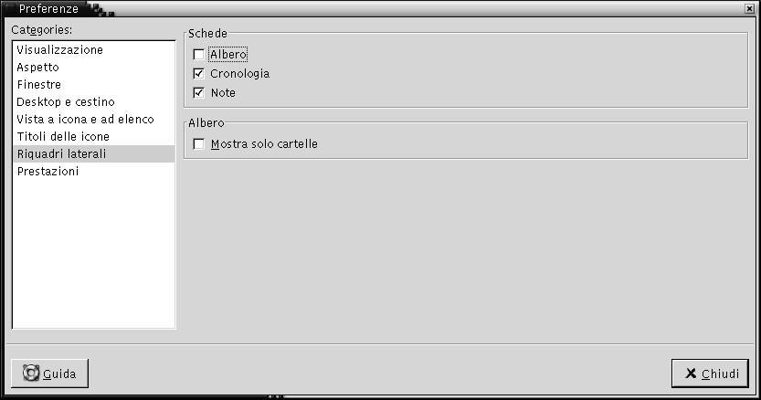 Sezione "Riquadri laterali" della finestra di dialogo Preferenze. Il contesto descrive l'immagine.