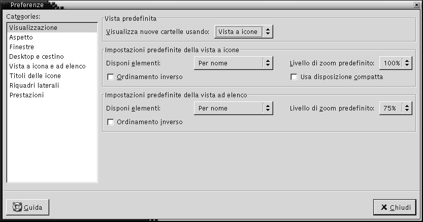 Sezione Viste della finestra di dialogo Preferenze. Il contesto descrive l'immagine.