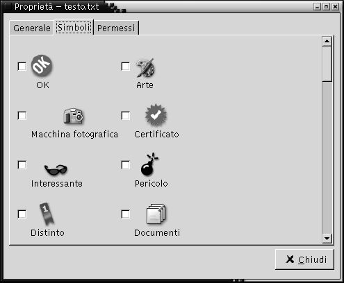 Scheda Simboli della finestra di dialogo Propriet&amp;amp;agrave;. Contiene varie caselle di controllo per i simboli.