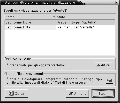 Finestra di dialogo Apri con altro programma di visualizzazione. Contiene: Tabella delle viste disponibili, pulsanti Modifica, Vai l&amp;amp;igrave;, Guida, Annulla, Scegli.