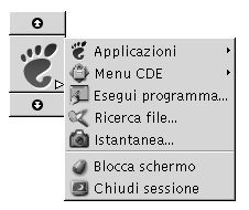 Apre il menu GNOME. Opzioni del menu: Applicazioni, Menu CDE, Esegui programma, Ricerca file, Cattura schermo, Blocca schermo, Chiudi sessione.