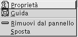 Menu popup dell'oggetto del pannello. Voci:  Propriet&amp;amp;agrave;, Guida, Rimuovi dal pannello, Sposta.