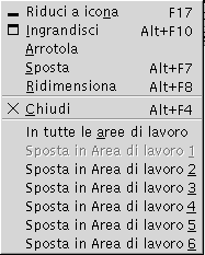 Menu della finestra. Opzioni: Chiudi, Riduci a icona, Ingrandisci, Arrotola, Sposta, Ridimensiona, Sopra a tutte le aree di lavoro, Sposta in area_di_lavoro.