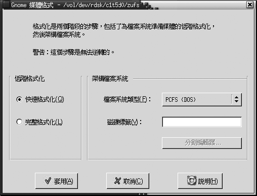 媒體格式化對話方塊。此處的內容會說明此圖。