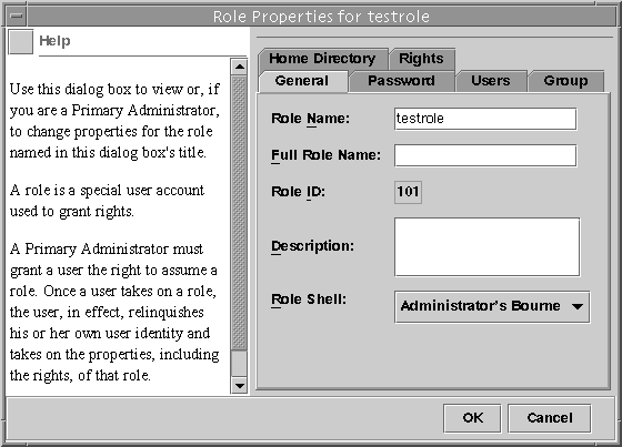 Dialog box titled Role Properties shows the Help pane and the tabs for General, Home Directory, Rights, Password, Users, and Group.