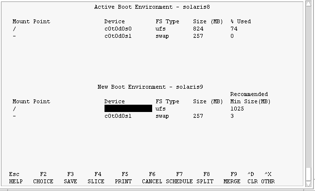 The screen capture lists file systems on two boot environments and shows the keys to perform tasks.