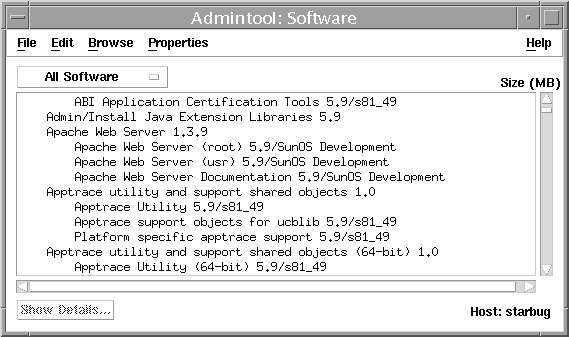 Simple screen capture titled Admintool: Add Software. Shows an alphabetical and scrollable list of installed software.