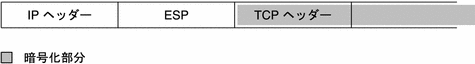 この図では、IP ヘッダーと TCP ヘッダーの間に ESP ヘッダーがあります。TCP ヘッダーは ESP ヘッダーによって暗号化されます。