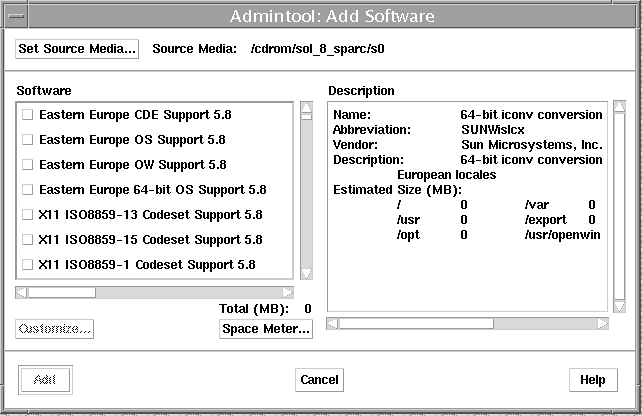 「ソフトウェアを追加 (Add Software) 」画面。ソフトウェア区画、説明区画、ソースメディアの設定ボタンの他に、5 つのボタンが表示されています。