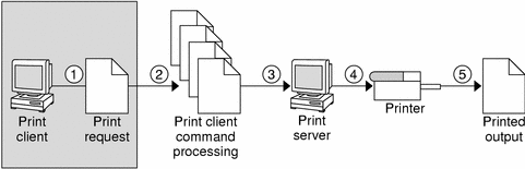 Illustration of what happens when a user submits a print request. See the following section for a description of these 5 steps.