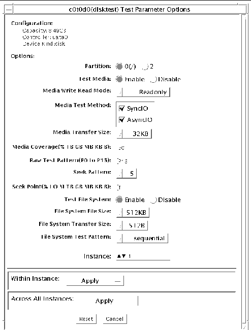 Screenshot of the disktest Test Parameter Options dialog box.