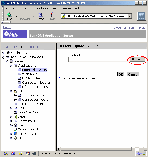 This screen shot shows the application server Administration interface in a web browser with the Upload Deployment File pane highlighted.