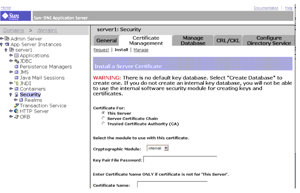 Figure shows the page for installing a server certificate. 