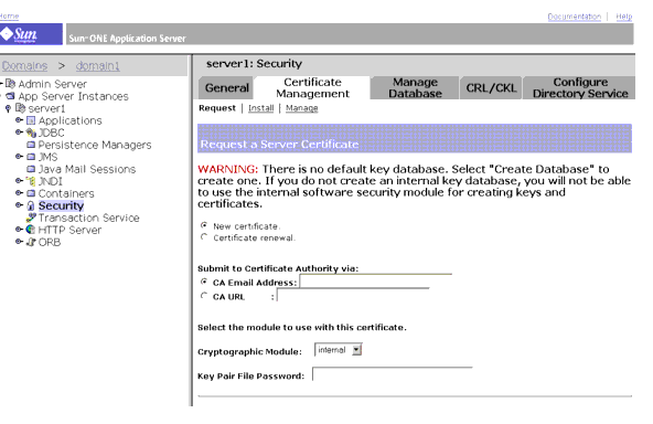This screen capture shows the page for requesting a server certificate. 