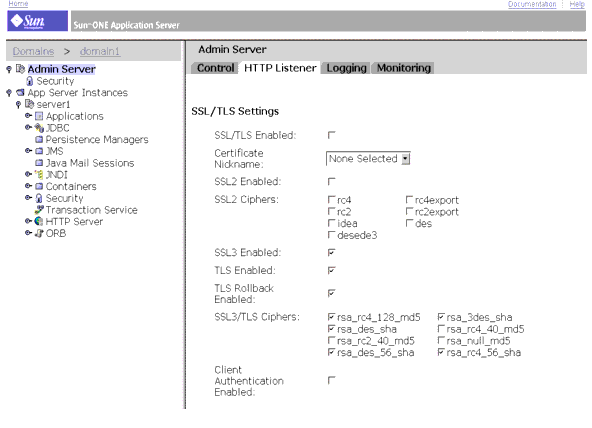 This screen capture shows the HTTP Listeners setup page for the Admin Server. 