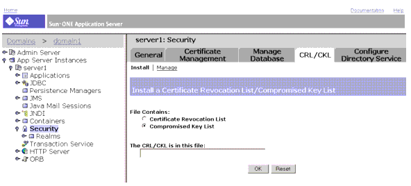This screen capture shows the page for installing a certificate revocation list (CRL) or a compromised key list (CKL). 