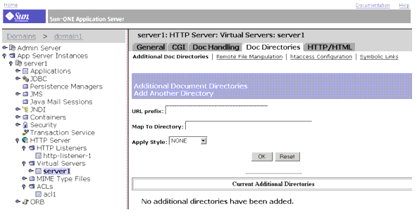 This screen capture shows the Additional Document Directories for the virtual server instance.